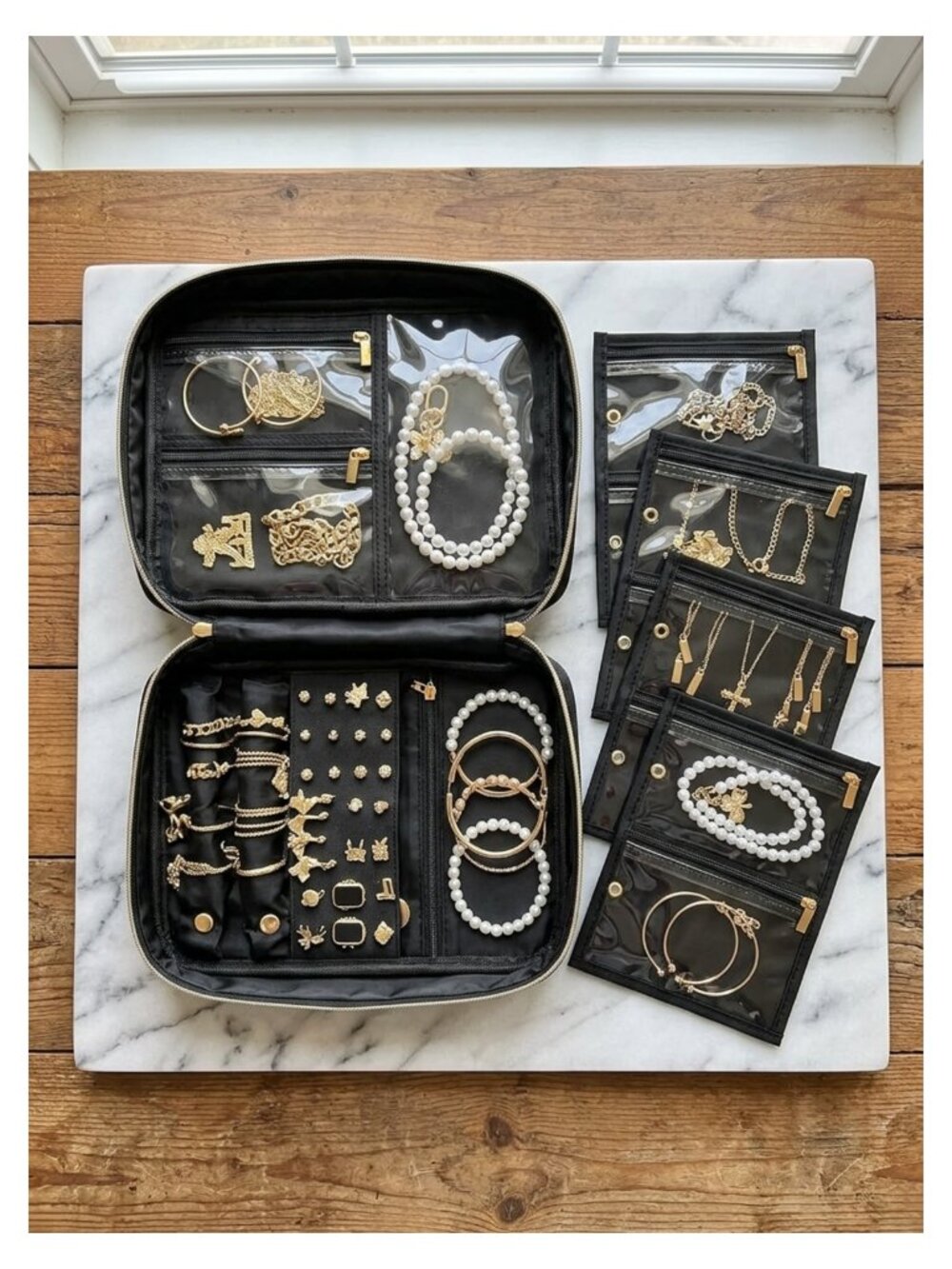 Faux Leather Travel Jewelry Organizer Detachable Pouches Tangle-Free